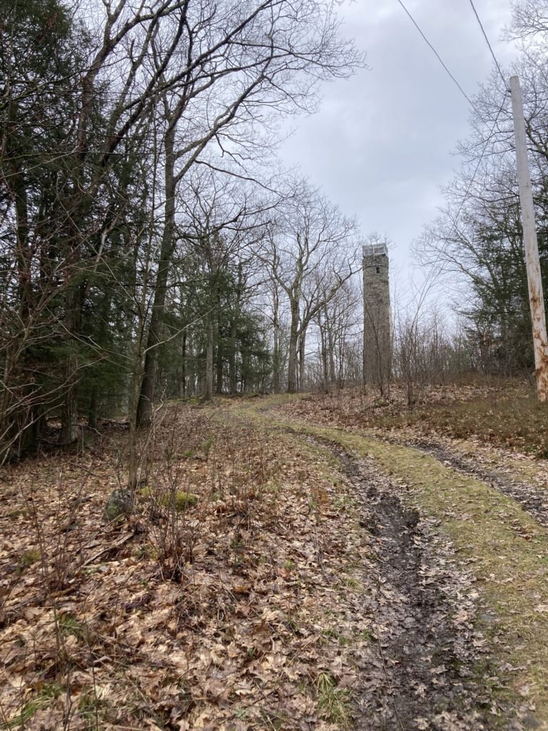 A tall stone tower rises uphill in the distance at the end of a dirt road in a New England wood