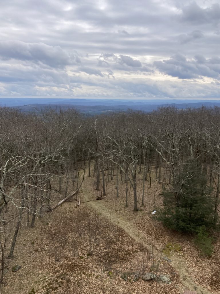 looking down onto a grassy woods road winding though a mountaintop forest prior to leafout, rolling hills extending off into the  distance.  To the right of the road, down in the woods, one can see the backpack and other miscalleny of a ham radio operating position.